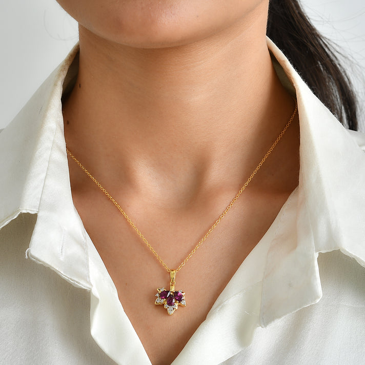 D'Joy - Orissa Natural Rhodolite Garnet &amp; White Zircon Pendant in Yellow Gold Plated Sterling Silver with Chain (Size 20) 1.85 Ct. 4517672 2