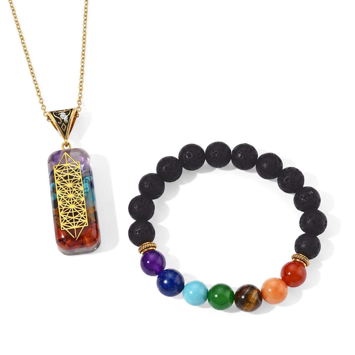 Set of 2 - Multi Gemstones Seven Chakra Necklace (Size - 20+2 Ext) and Stretchable Bracelet (Size - 7) 120.00 Ct. V32719851 0