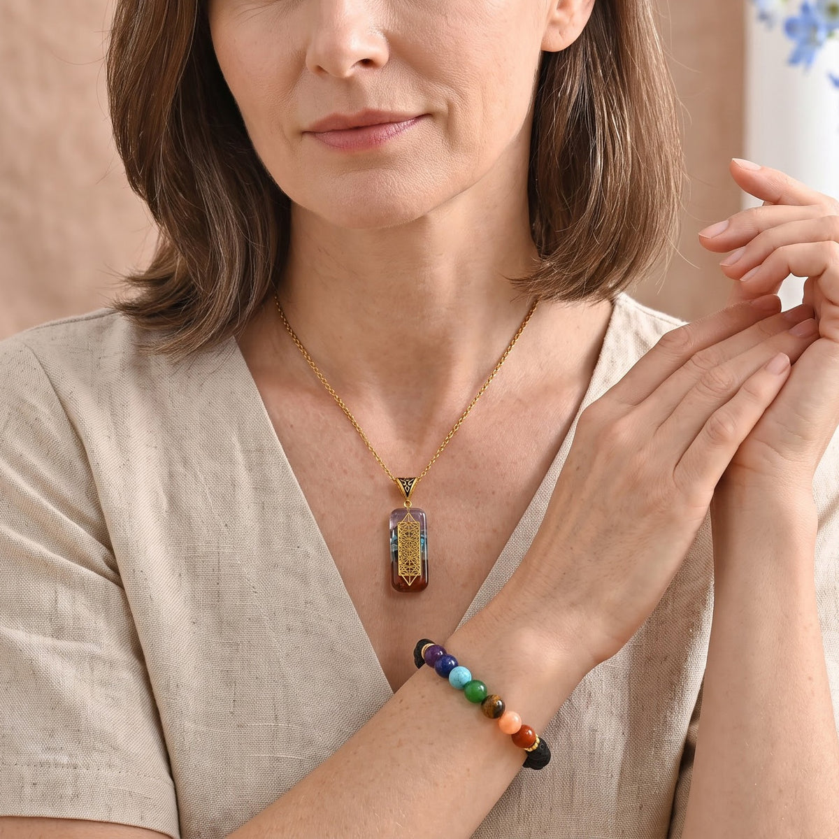 Set of 2 - Multi Gemstones Seven Chakra Necklace (Size - 20+2 Ext) and Stretchable Bracelet (Size - 7) 120.00 Ct. V32719851 2