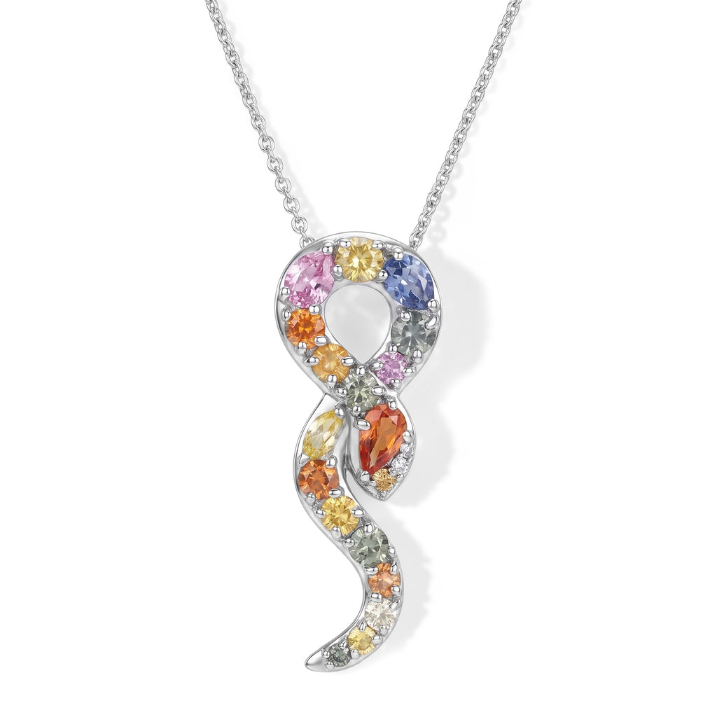 Orange Sapphire,  Blue Sapphire,  Pink Sapphire,  Yellow Sapphire,  Green Sapphire,  White Zircon Pendant with Chain (Size 20) in Rhodium Overlay Sterling Silver 1.52 ct  1.904  Ct._4518482