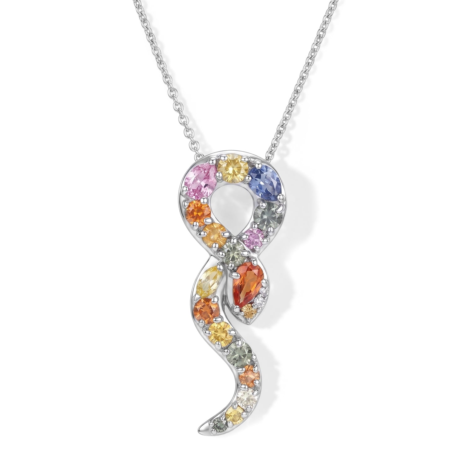 Orange Sapphire,  Blue Sapphire,  Pink Sapphire,  Yellow Sapphire,  Green Sapphire,  White Zircon Pendant with Chain (Size 20) in Rhodium Overlay Sterling Silver 1.52 ct  1.904  Ct. 4518482 0