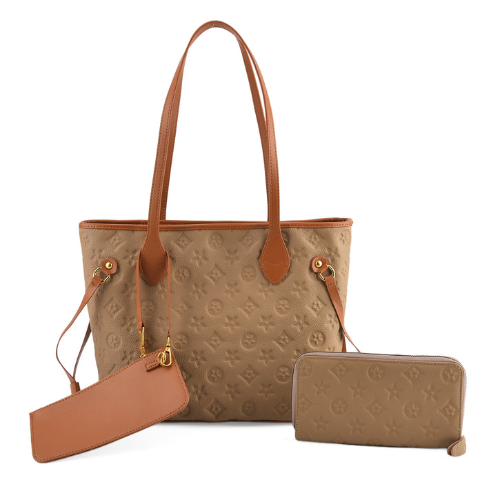 Set of 3 Genuine Leather Bags - Monogram Large Tote Bag with Matching Wallet &amp; Stoage Pouch - Brown 4518877 1