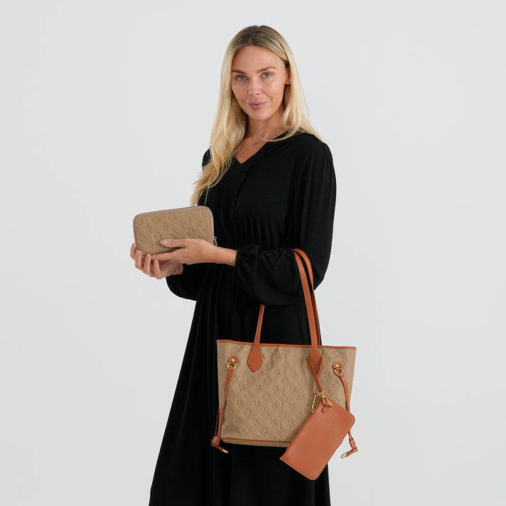 Set of 3 Genuine Leather Bags - Monogram Large Tote Bag with Matching Wallet &amp; Stoage Pouch - Brown 4518877 2