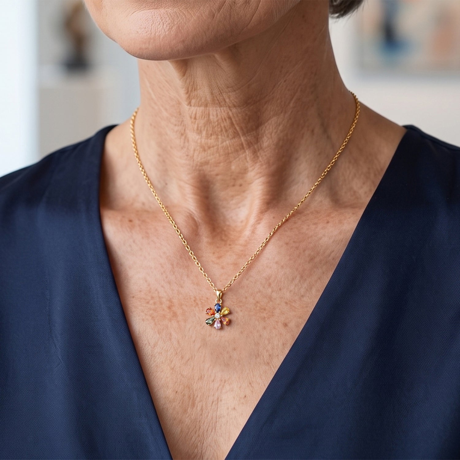 D'Joy - Multi Sapphire &amp; Lab Grown Diamond Floral Pendant with Chain (Size 20) with Lobster Clasp in 18K Vermeil Yellow Gold Plated Sterling Silver 2.16 Ct. 4519789 1