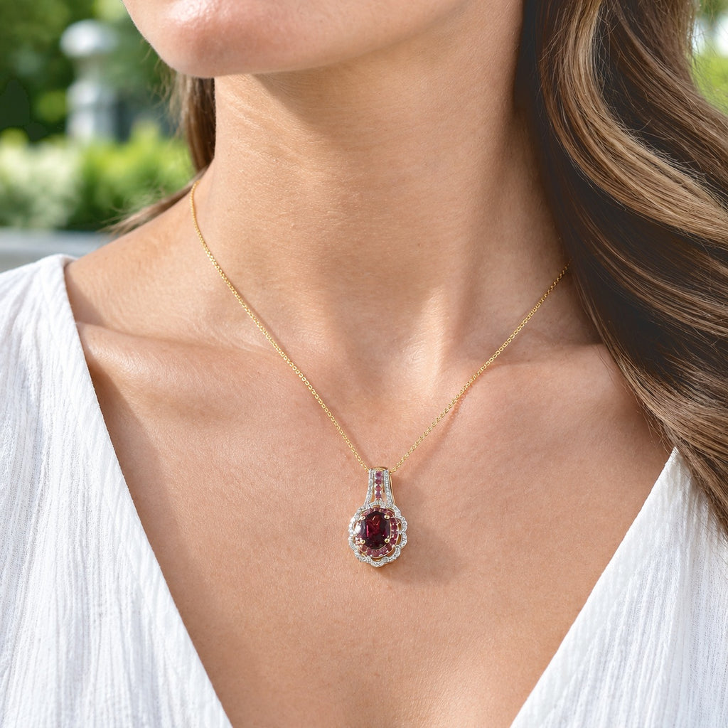 Rhodolite Garnet,  White Zircon Pendant with Chain (Size 20) in 18K YG Vermeil Sterling Silver 0.96 ct  Silver Wt. 5 Gms  3.340  Ct._4520304_1