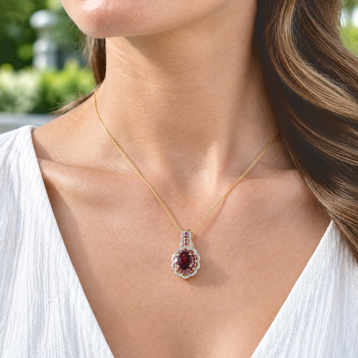 Rhodolite Garnet,  White Zircon Pendant with Chain (Size 20) in 18K YG Vermeil Sterling Silver 0.96 ct  Silver Wt. 5 Gms  3.340  Ct. 4520304 1