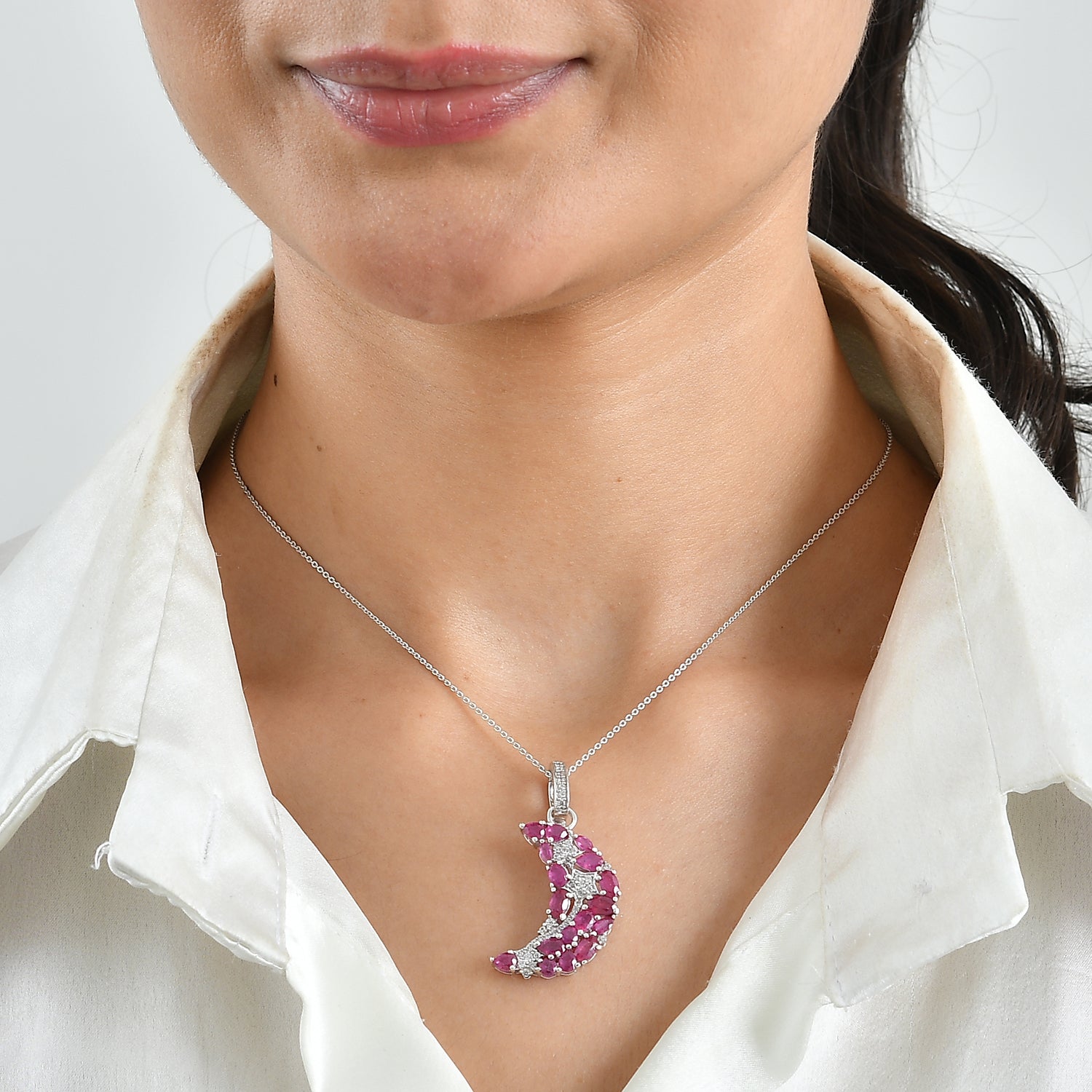 GP - African Ruby, White Zircon &amp; Blue Sapphire Pendant with Chain (Size 20) in Rhodium Overlay Sterling Silver 4.88 Ct. 4520358 1