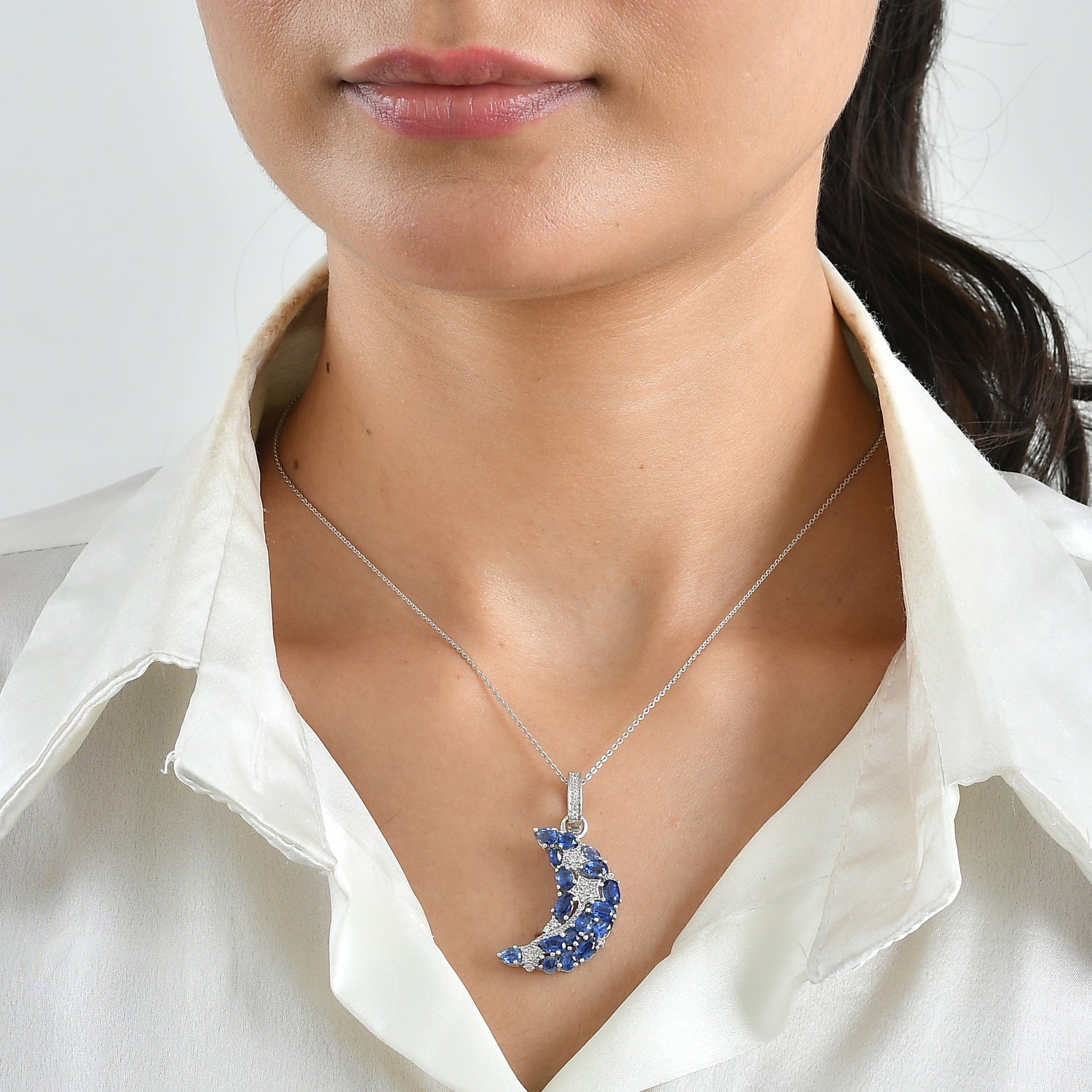 GP - Kashmir kyanite, White Zircon &amp; Blue Sapphire Pendant with Chain (Size 20) in Rhodium Overlay Sterling Silver 4.70 Ct. 4520360 1