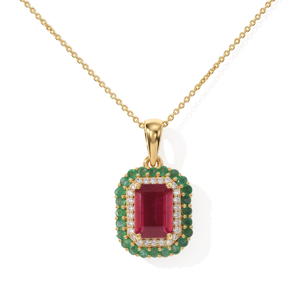 D'Joy - Fissure Filled Ruby, Zambian Emerald &amp; White Zircon Halo Pendant with Chain (Size 20) in 18K Vermeil Yellow Gold Plated Sterling Silver 3.24 Ct. 4521245 0