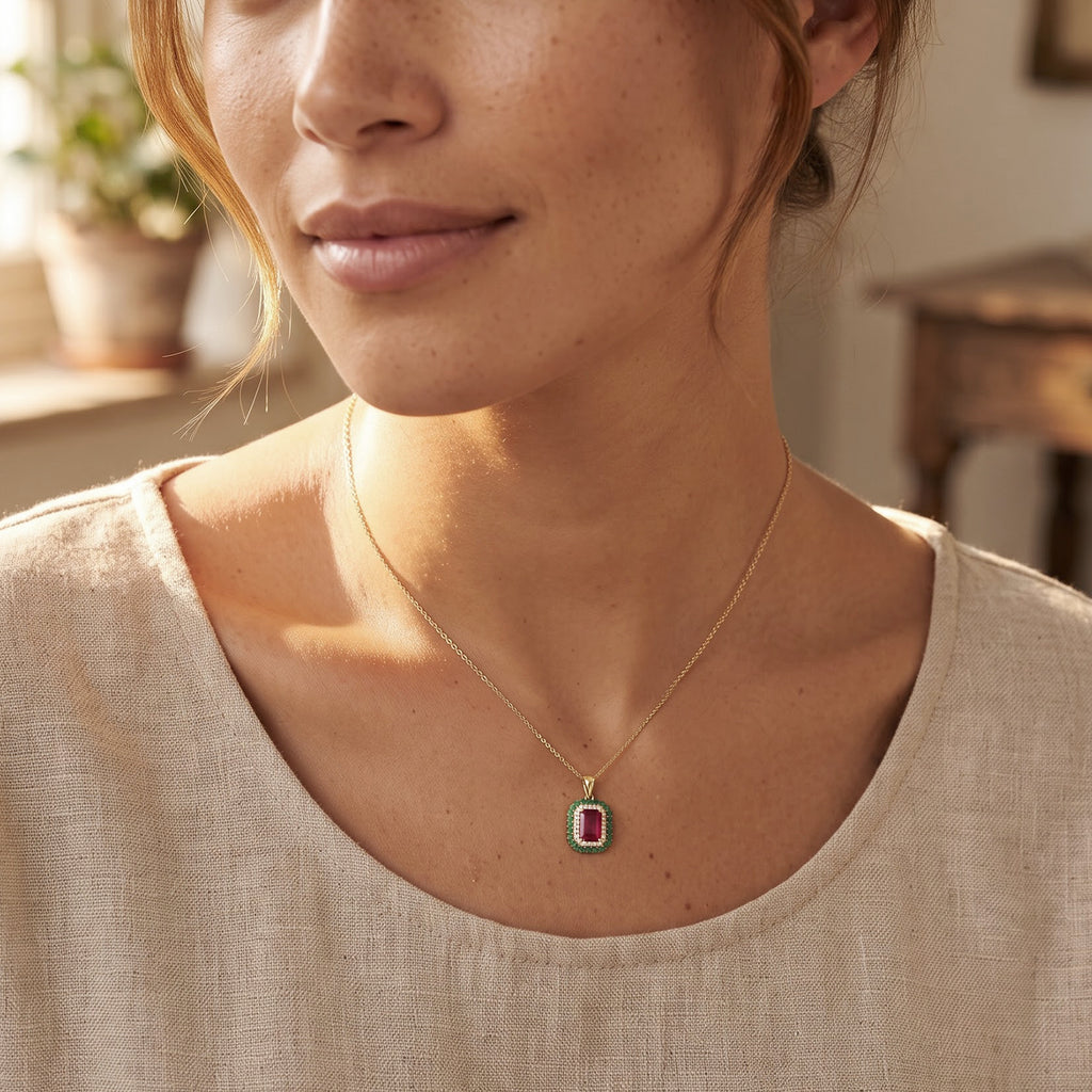 D'Joy - Fissure Filled Ruby, Zambian Emerald & White Zircon Halo Pendant with Chain (Size 20) in 18K Vermeil Yellow Gold Plated Sterling Silver 3.24 Ct._4521245_1