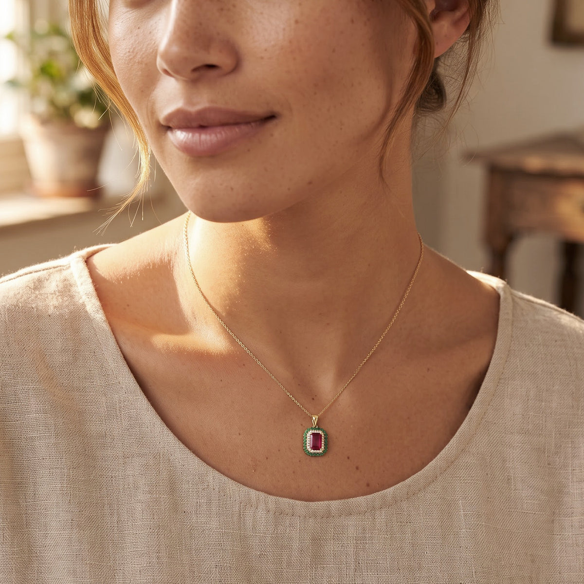 D'Joy - Fissure Filled Ruby, Zambian Emerald &amp; White Zircon Halo Pendant with Chain (Size 20) in 18K Vermeil Yellow Gold Plated Sterling Silver 3.24 Ct. 4521245 1