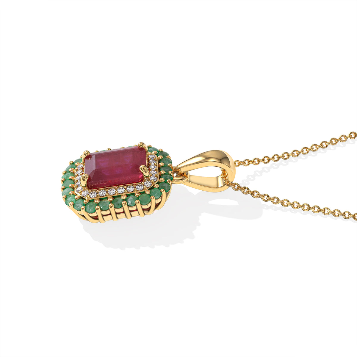D'Joy - Fissure Filled Ruby, Zambian Emerald &amp; White Zircon Halo Pendant with Chain (Size 20) in 18K Vermeil Yellow Gold Plated Sterling Silver 3.24 Ct. 4521245 2