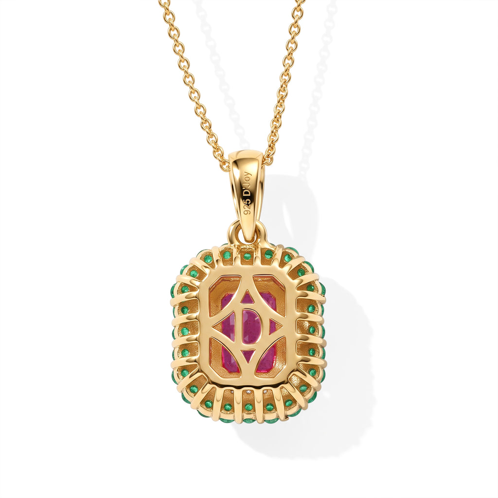 D'Joy - Fissure Filled Ruby, Zambian Emerald & White Zircon Halo Pendant with Chain (Size 20) in 18K Vermeil Yellow Gold Plated Sterling Silver 3.24 Ct._4521245_3