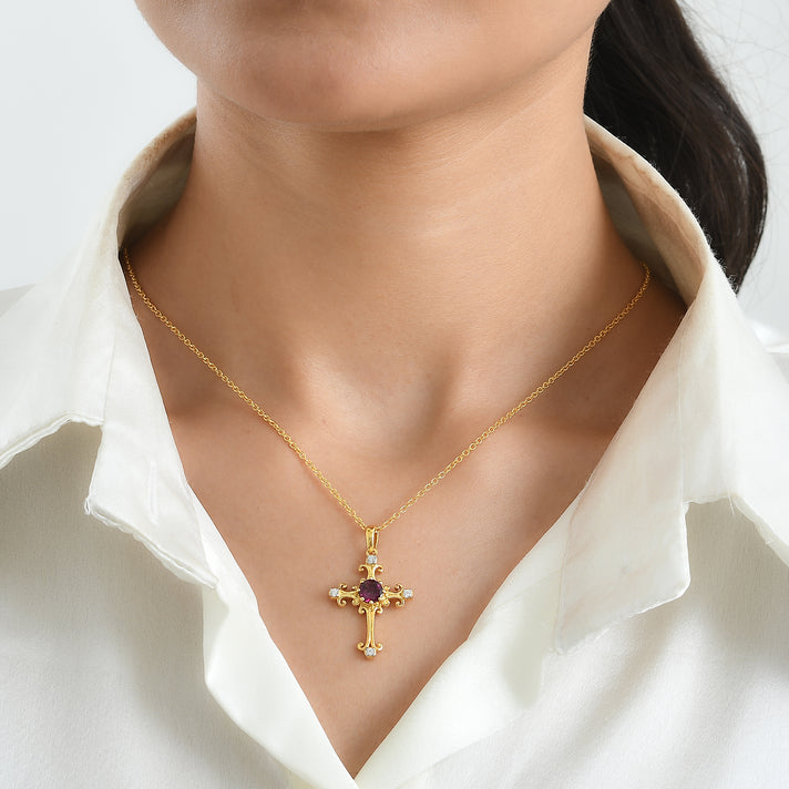 D'Joy - Rhodolite Garnet &amp; White Zircon Pendant in Yellow Gold Plated Sterling Silver with Chain (Size 20) 1.40 Ct. 4521361 2