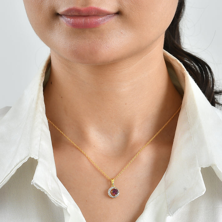D'Joy - Orissa Natural Rhodolite Garnet &amp; White Zircon Pendant in Yellow Gold Plated Sterling Silver with Chain (Size 20) 4521362 2