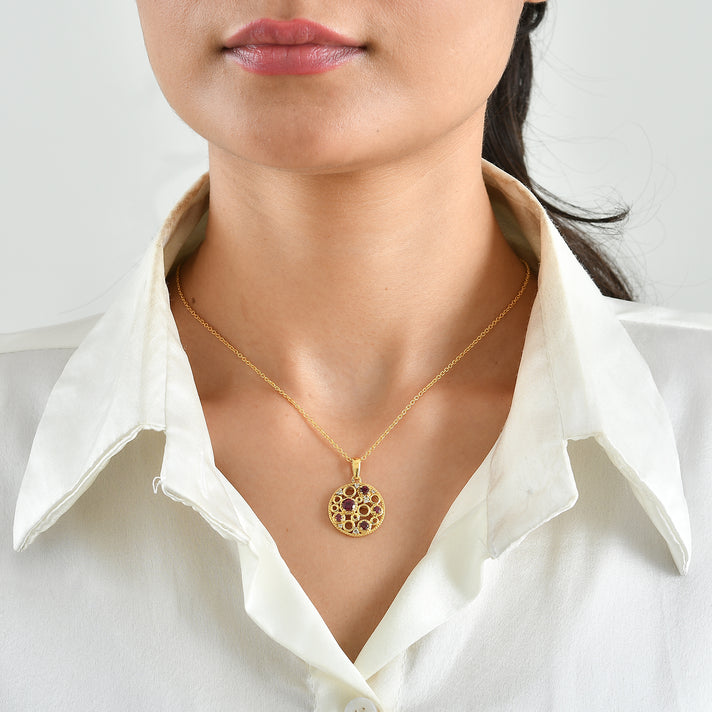 D'Joy - Orissa Natural Rhodolite Garnet &amp; White Zircon Bubble Circle Pendant in Yellow Gold Plated Sterling Silver with Chain (Size 20) 4521363 2