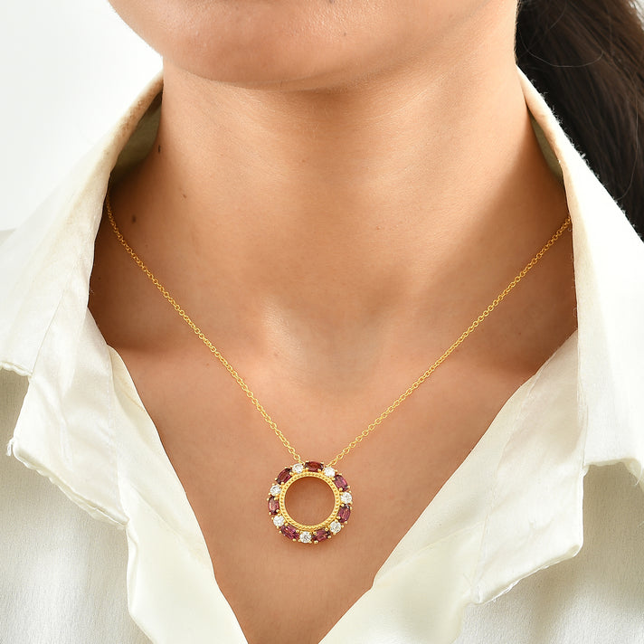 D'Joy - Orissa Natural Rhodolite Garnet &amp; Moissanite Pendant in Yellow Gold Plated Sterling Silver with Chain (Size 20) 2.90 Ct. 4521368 2