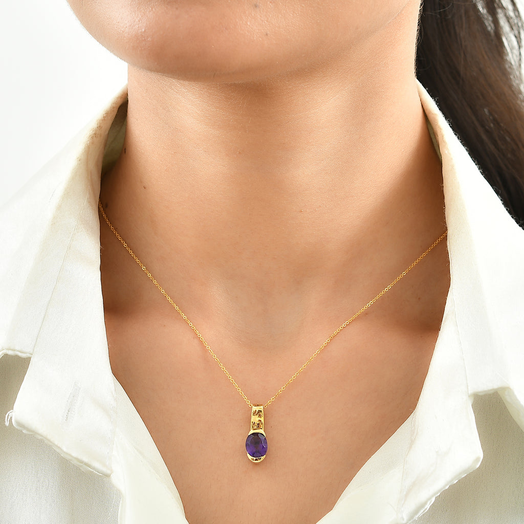 African Amethyst,  Kanchanaburi Blue Sapphire Pendant with Chain (Size 20) in 18K YG Vermeil Sterling Silver 0.03 ct  Silver Wt. 5.25 Gms  1.847  Ct._4522766_1