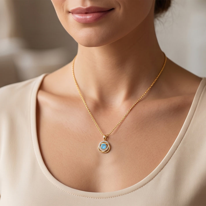 D'Joy - AAA Swiss Blue Topaz &amp; White Zircon The Celtic Eternity Pendant with Chain (Size 20) in Yellow Gold Plated Sterling Silver 1.95 Ct. 4522831 2