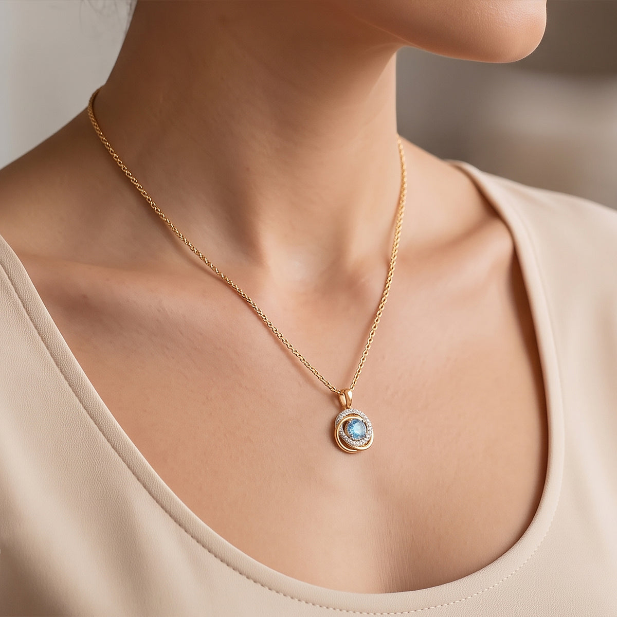 D'Joy - AAA Swiss Blue Topaz &amp; White Zircon The Celtic Eternity Pendant with Chain (Size 20) in Yellow Gold Plated Sterling Silver 1.95 Ct. V32704165 3