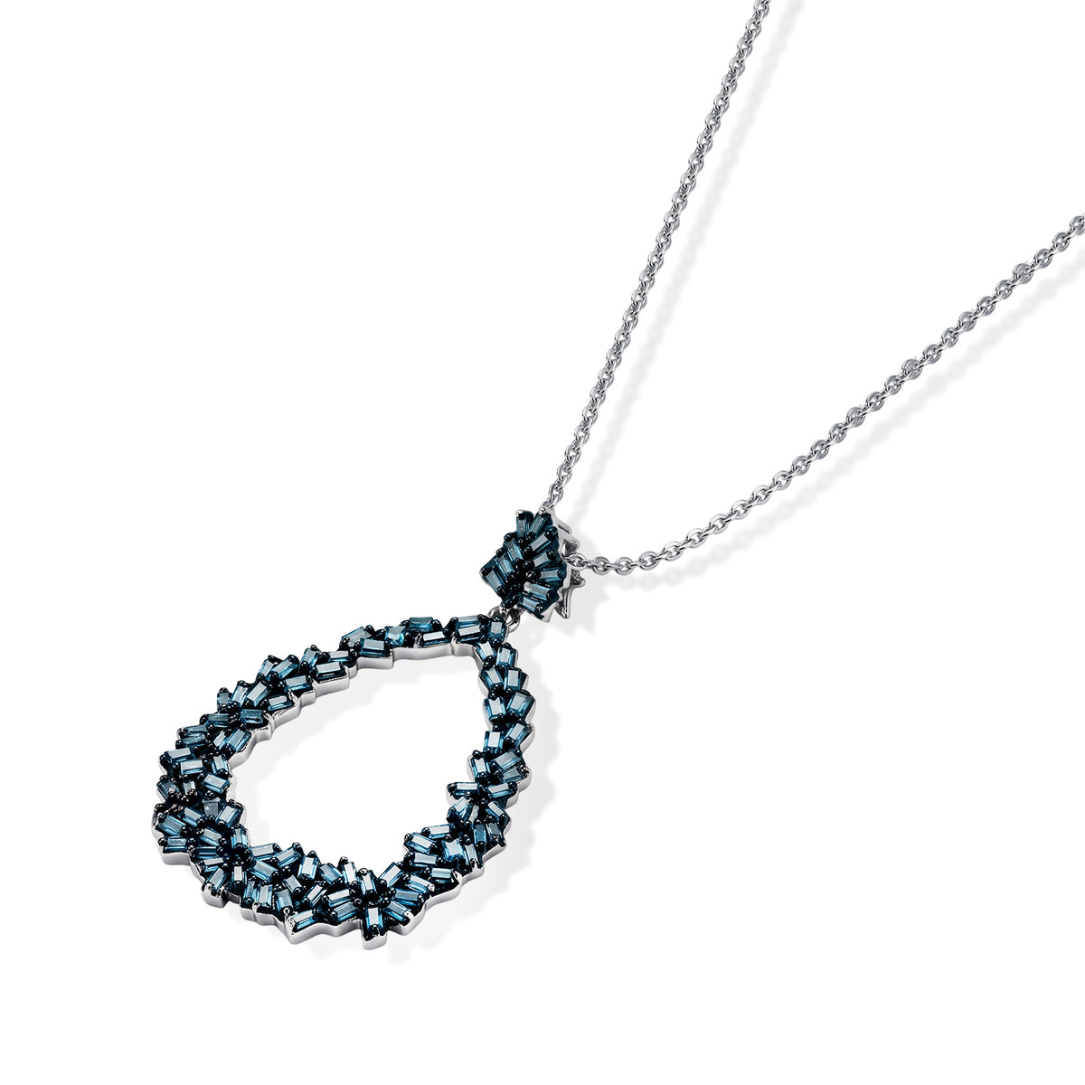 GP - Blue Diamond &amp; Blue Sapphire Floral Teardrop Pendant with Chain (Size 20) in Rhodium Overlay Sterling Silver 0.55 Ct. 4523416 4