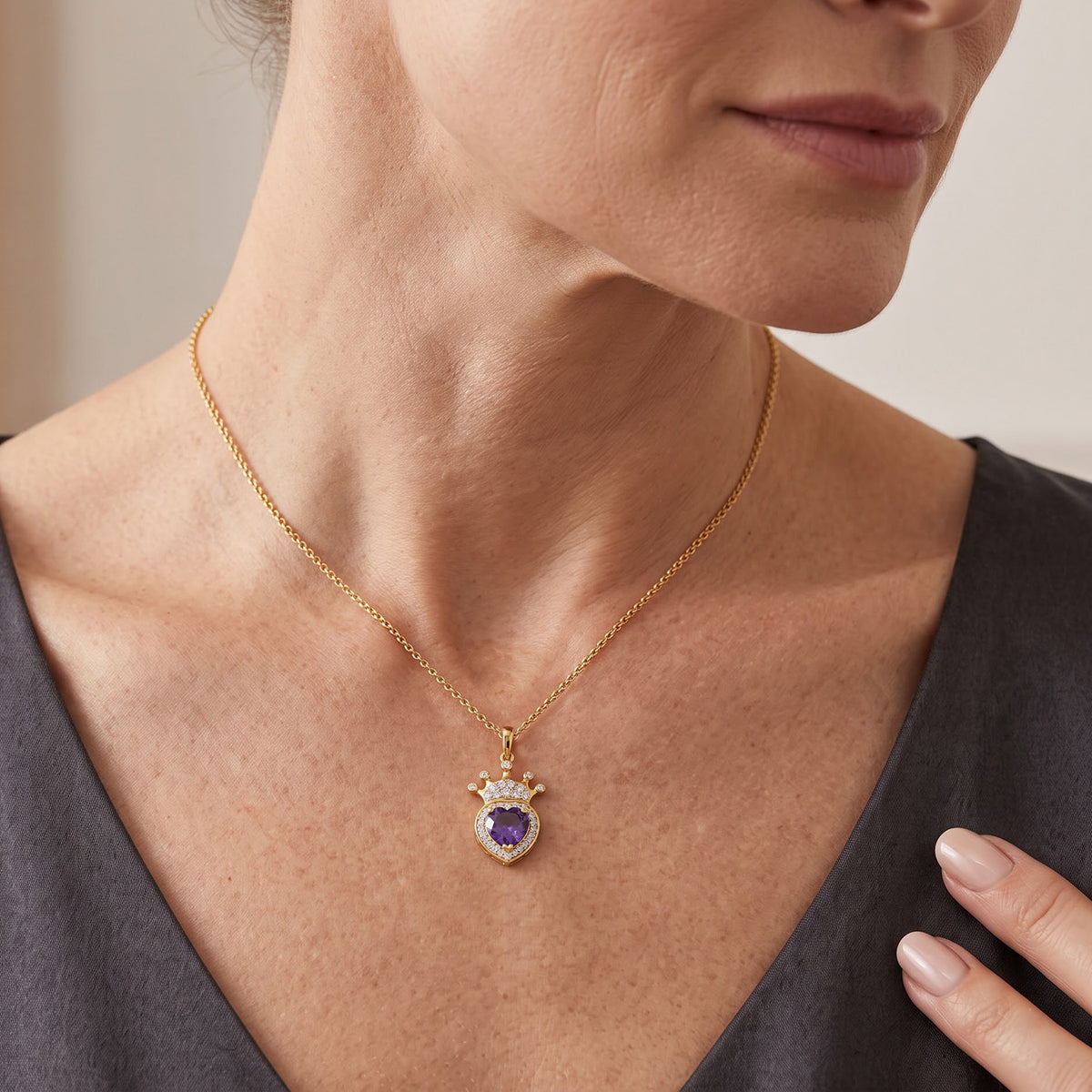 D'Joy - AAA African Amethyst &amp; White Zircon Crown Pendant with Chain (Size 20) in Yellow Gold Plated Sterling Silver 2.10 Ct. V32703882 3