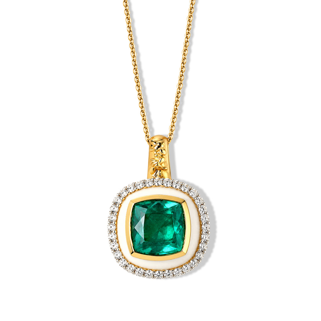 Emeraldine Triplet Quartz, White Zircon & Blue Sapphire Pendant with Chain (Size 20) in 18K Vermeil Yellow Gold Plated Sterling Silver 5.63 Ct._4523567