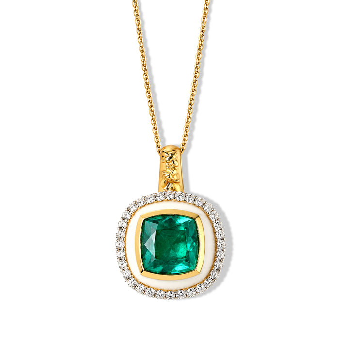 Live From Vicenza GP - Colombian Emeraldine Colour Quartz, White Zircon &amp; Blue Sapphire Halo Pendant with Chain (Size 20) in 18K Vermeil Yellow Gold Plated Sterling Silver 5.63 Ct. 4523567 1