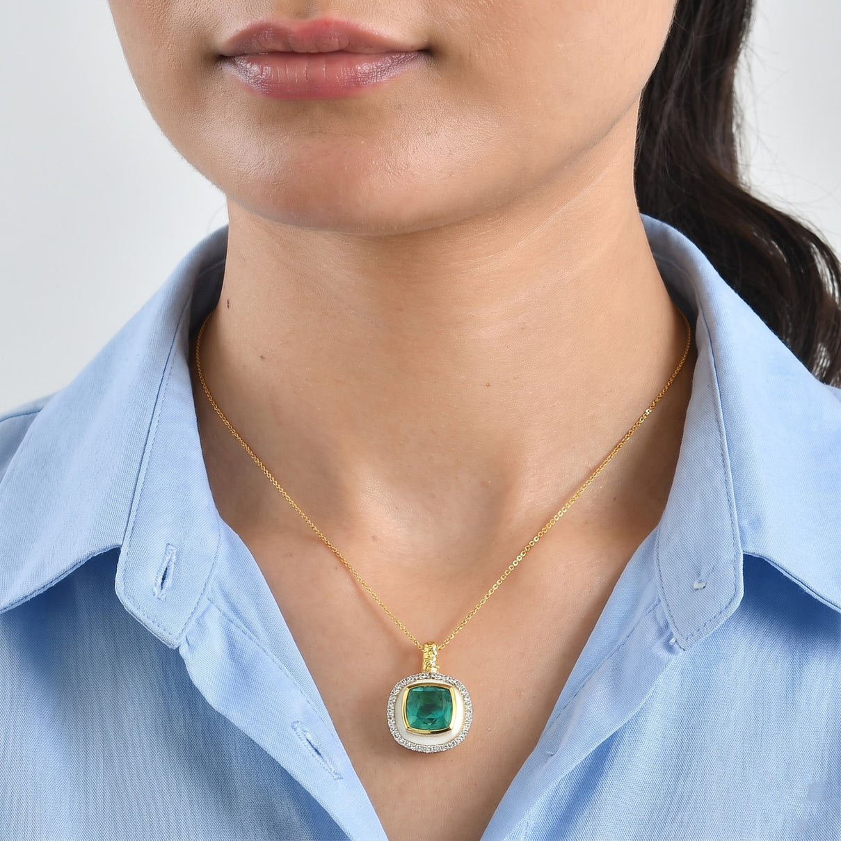 Emeraldine Triplet Quartz, White Zircon &amp; Blue Sapphire Pendant with Chain (Size 20) in 18K Vermeil Yellow Gold Plated Sterling Silver 5.63 Ct. 4523567 1