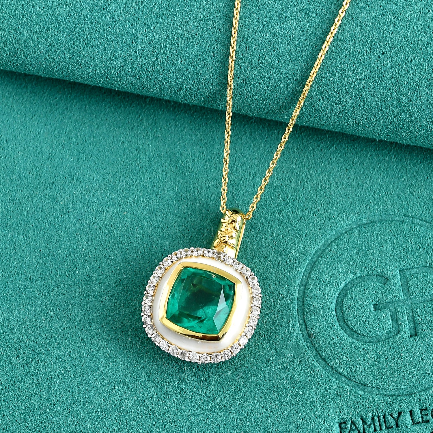 Emeraldine Triplet Quartz, White Zircon &amp; Blue Sapphire Pendant with Chain (Size 20) in 18K Vermeil Yellow Gold Plated Sterling Silver 5.63 Ct. 4523567 2