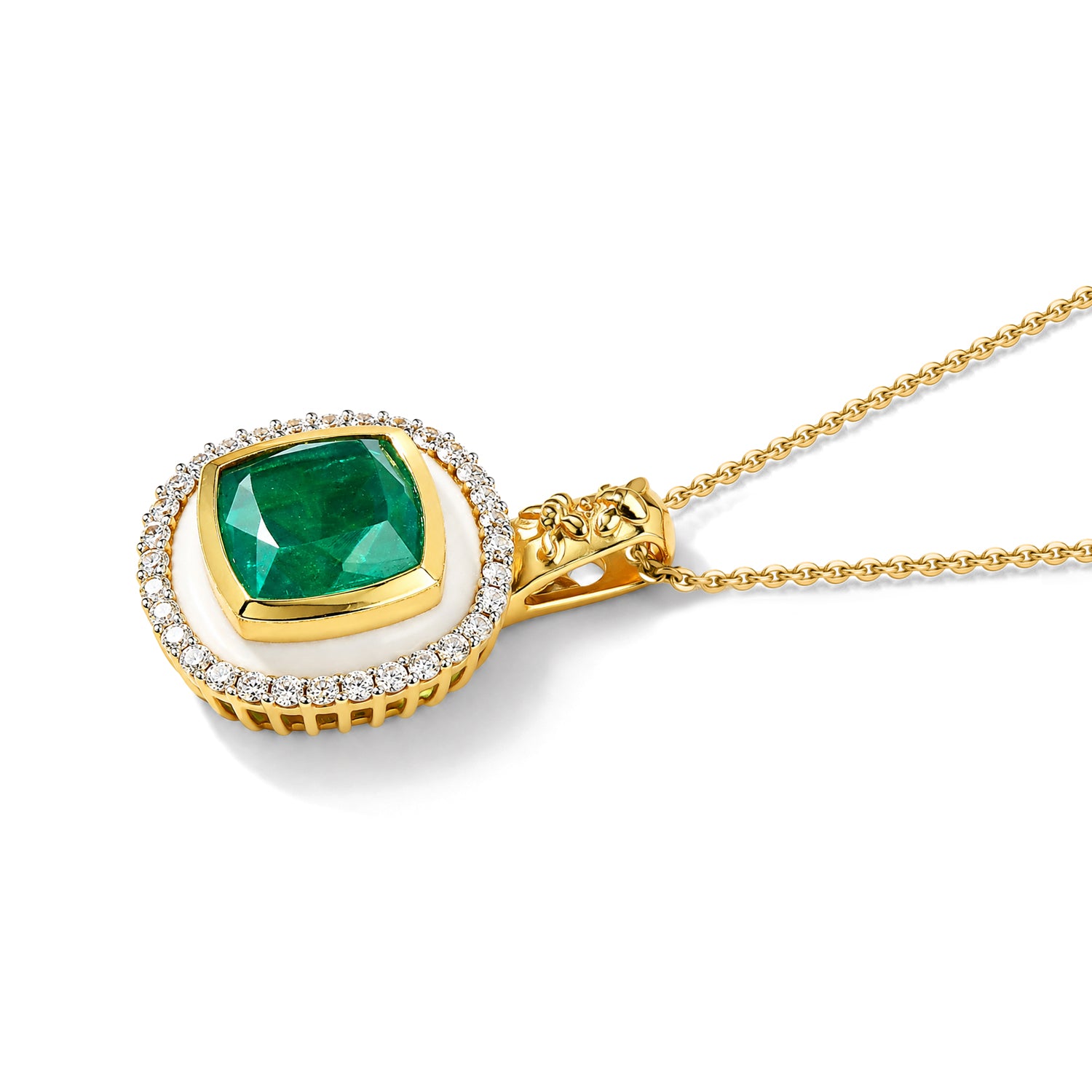 Emeraldine Triplet Quartz, White Zircon &amp; Blue Sapphire Pendant with Chain (Size 20) in 18K Vermeil Yellow Gold Plated Sterling Silver 5.63 Ct. 4523567 3