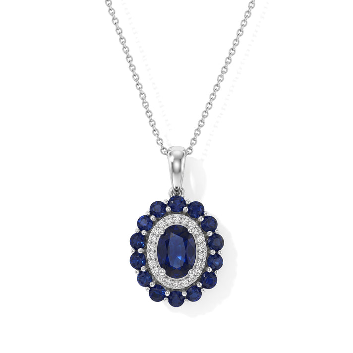 D'Joy - AAA Diffused Blue Sapphire &amp; White Zircon Sunburst Halo Pendant with Chain (Size 20) in Rhodium Overlay Sterling Silver 3.05 Ct. 4523571 1