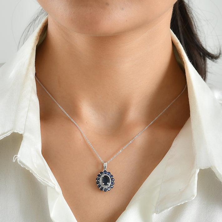D'Joy - AAA Diffused Blue Sapphire &amp; White Zircon Sunburst Halo Pendant with Chain (Size 20) in Rhodium Overlay Sterling Silver 3.05 Ct. 4523571 2