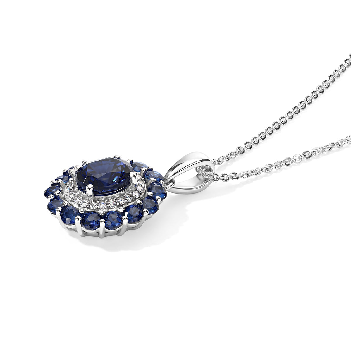 D'Joy - AAA Diffused Blue Sapphire &amp; White Zircon Sunburst Halo Pendant with Chain (Size 20) in Rhodium Overlay Sterling Silver 3.05 Ct. 4523571 4