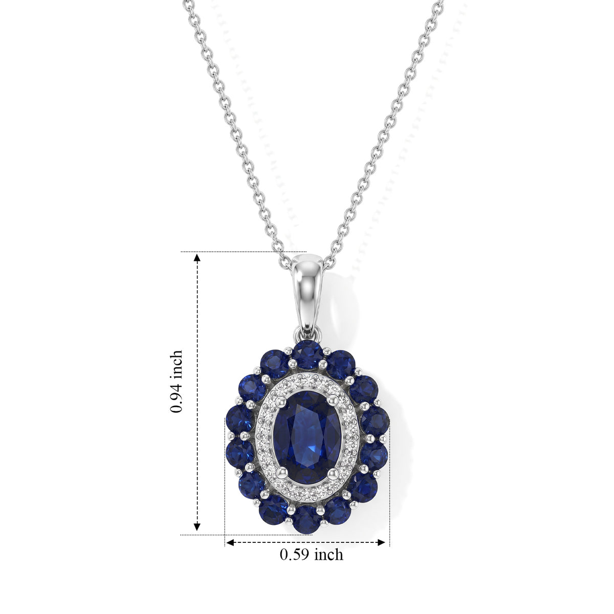 D'Joy - AAA Diffused Blue Sapphire &amp; White Zircon Sunburst Halo Pendant with Chain (Size 20) in Rhodium Overlay Sterling Silver 3.05 Ct. 4523571 5