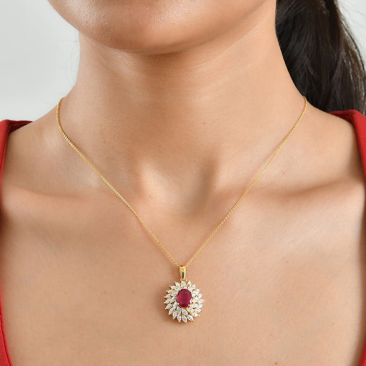 The Tudor Rose Bloom - AAA African Ruby &amp; Moissanite Sunburst Halo Pendant with Chain (Size 20) in 18K Vermeil Yellow Gold Plated Sterling Silver 5.00 Ct. 4524137 2