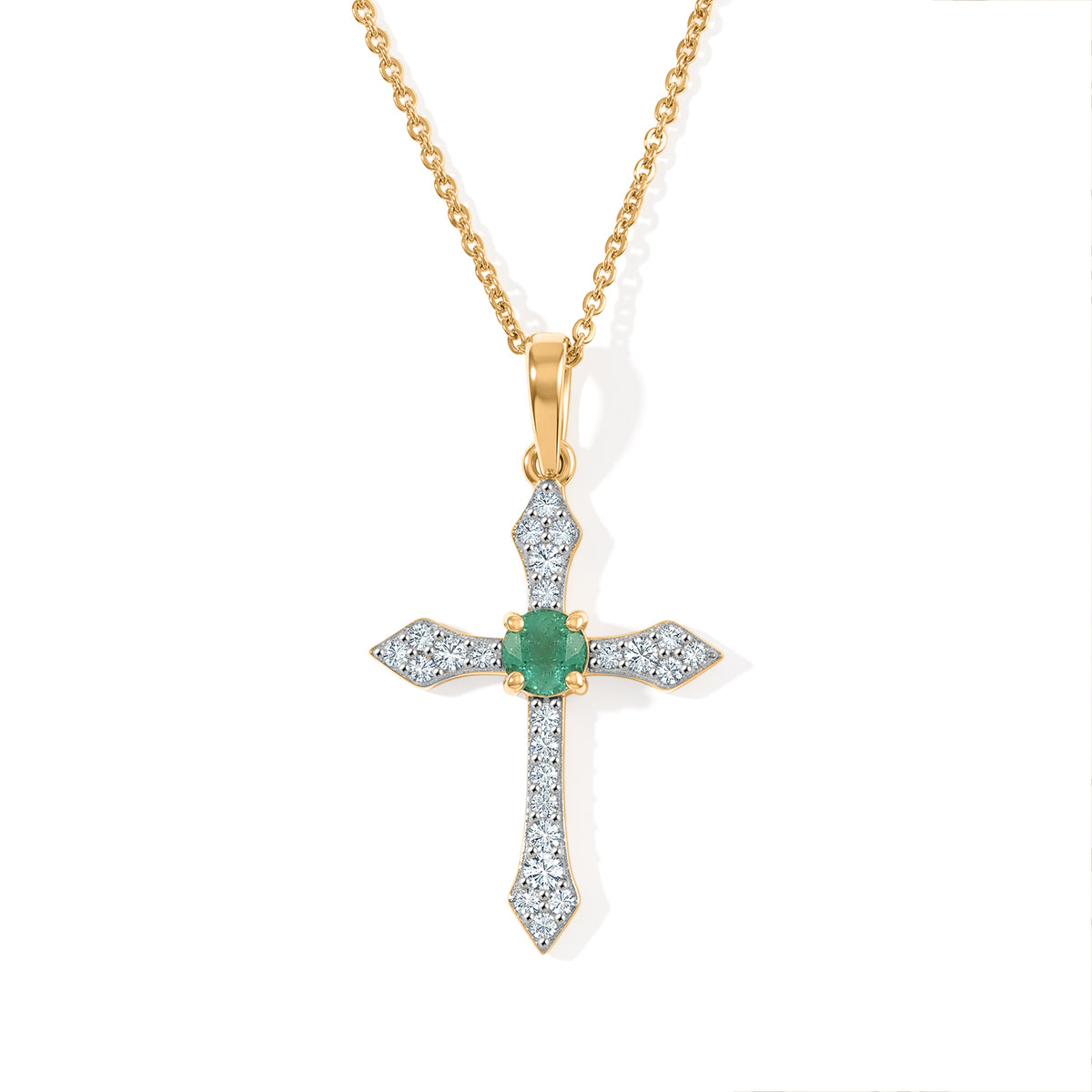 D'Joy - AAA Gemfields Zambian Emerald &amp; White Zircon Cross Pendant with Chain (Size 20) in 18K Vermeil Yellow Gold Plated Sterling Silver 4524209 0