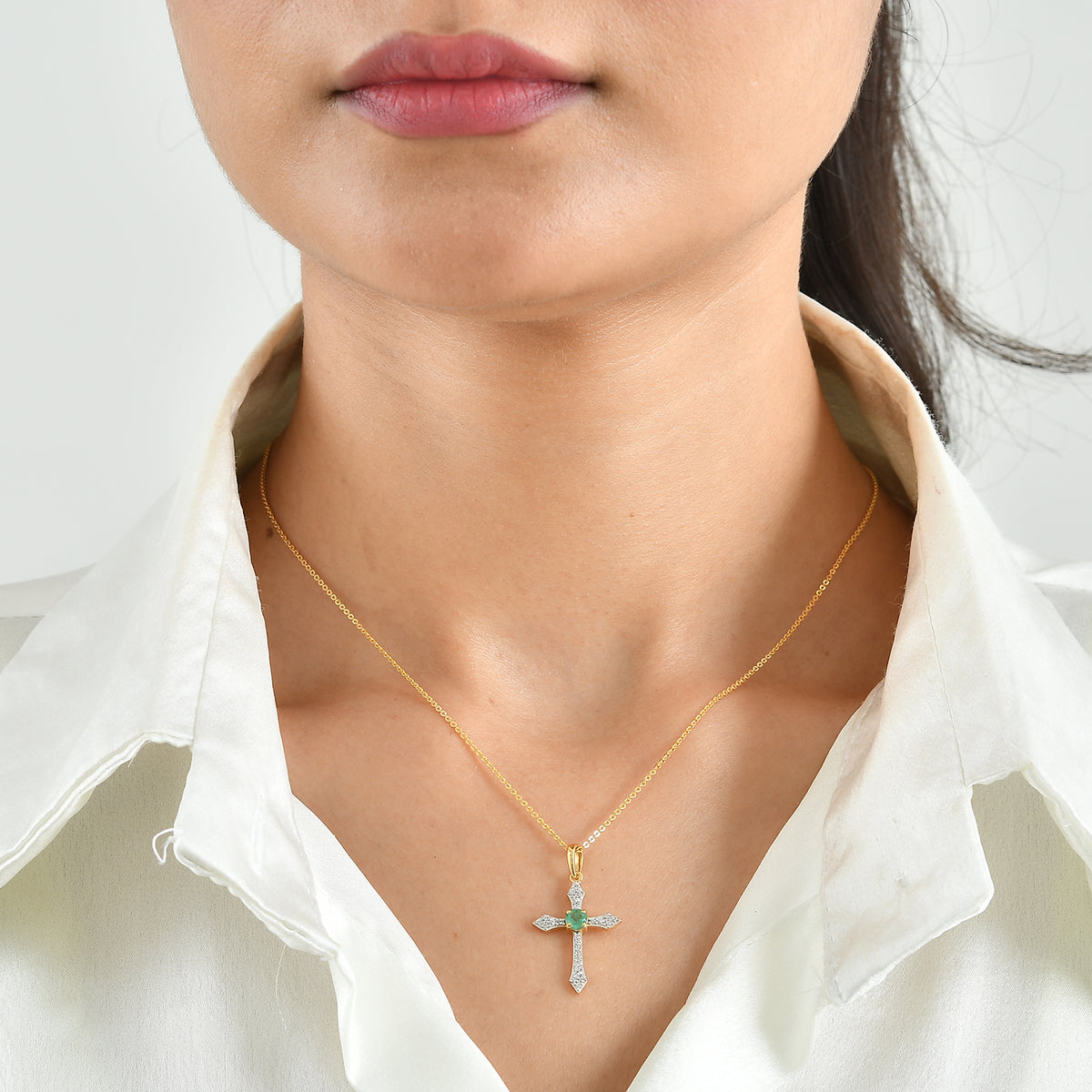 D'Joy - AAA Gemfields Zambian Emerald &amp; White Zircon Cross Pendant with Chain (Size 20) in 18K Vermeil Yellow Gold Plated Sterling Silver 4524209 1