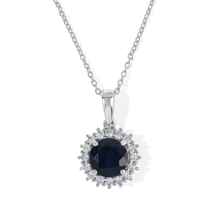 The Royal Blue - AAA Diffused Blue Sapphire &amp; Lab Grown Diamond (SI/G-H) Halo Pendant with Chain (Size 20) in Rhodium Overlay Sterling Silver 2.90 Ct. 4524570 1