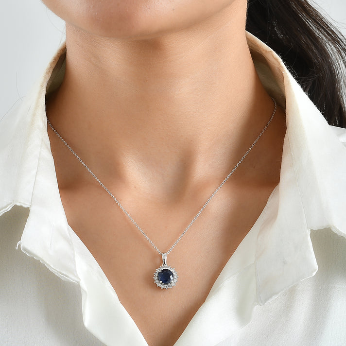 The Royal Blue - AAA Diffused Blue Sapphire &amp; Lab Grown Diamond (SI/G-H) Halo Pendant with Chain (Size 20) in Rhodium Overlay Sterling Silver 2.90 Ct. 4524570 2