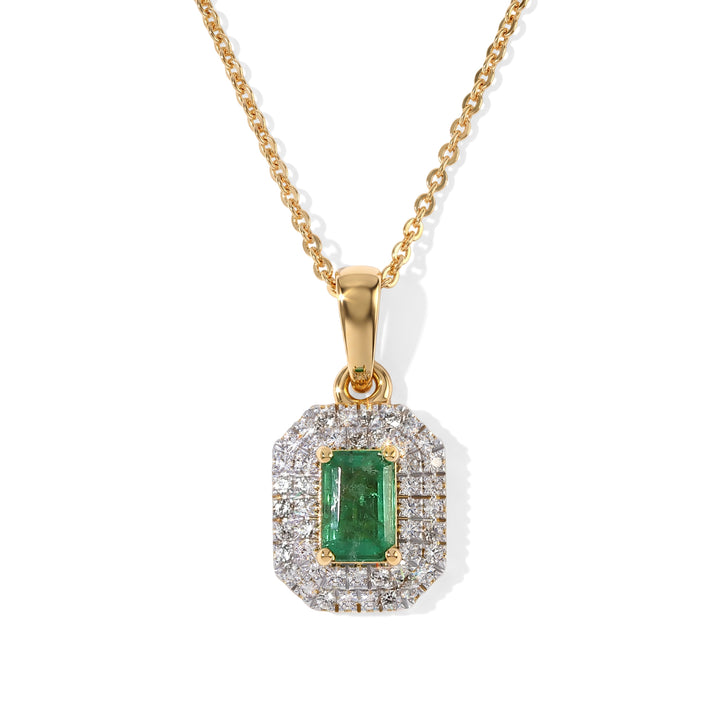 D'Joy - AAA Gemfields Zambian Emerald &amp; White Zircon Halo Pendant with Chain (Size - 18) in 18K Vermeil Yellow Gold Plated Sterling Silver 4524642 1