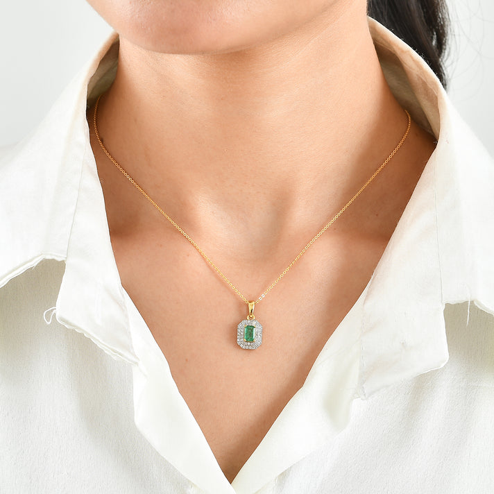 D'Joy - AAA Gemfields Zambian Emerald &amp; White Zircon Halo Pendant with Chain (Size - 18) in 18K Vermeil Yellow Gold Plated Sterling Silver 4524642 2