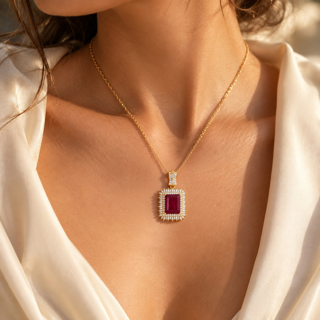 D'Joy - African Ruby & Moissanite Halo Pendant with Chain (Size 20) in 18K Vermeil Yellow Gold Plated Sterling Silver 12.00 Ct._4524758_2