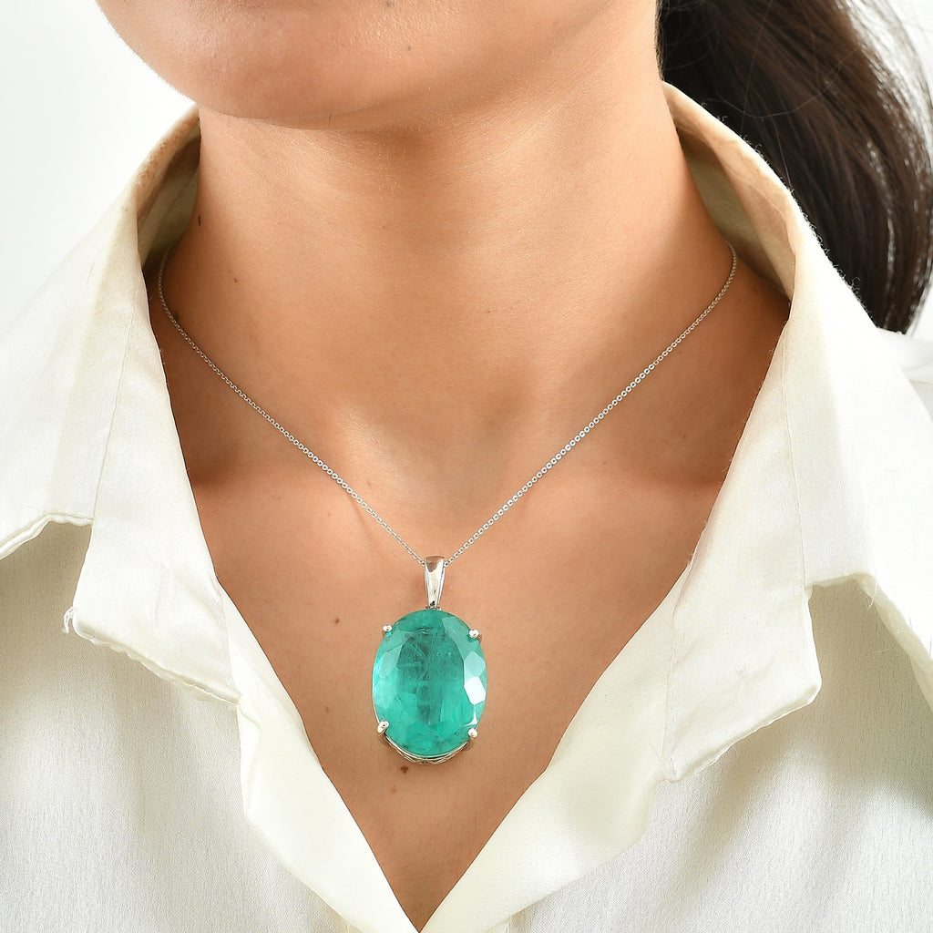 D'Joy - Colombian Colour Emeraldine Quartz Pendant with Chain (Size 20) in Rhodium Overlay Sterling Silver 55.77 Ct._4524778_1