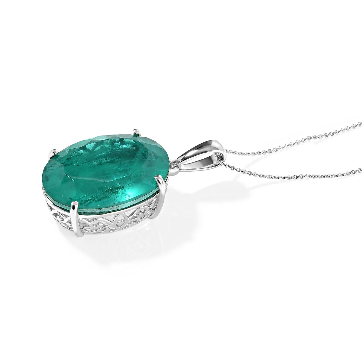 D'Joy - Colombian Colour Emeraldine Quartz Solitaire Pendant with Chain (Size 20) in Rhodium Overlay Sterling Silver 55.77 Ct. 4524778 3