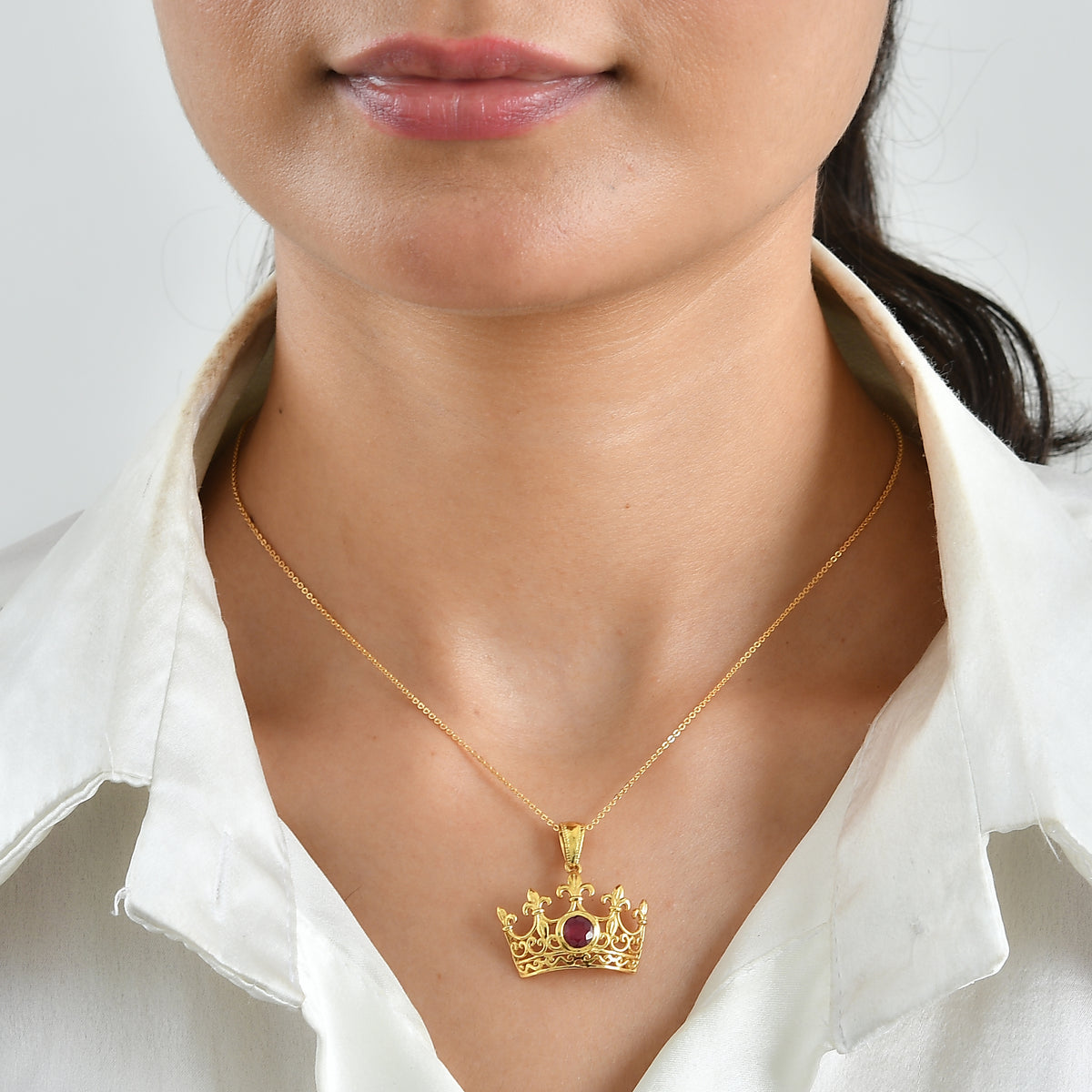 D'Joy - AAA African Ruby Crown Pendant with Chain (Size 20) in Yellow Gold Plated Sterling Silver 1.35 Ct. V32698138 2