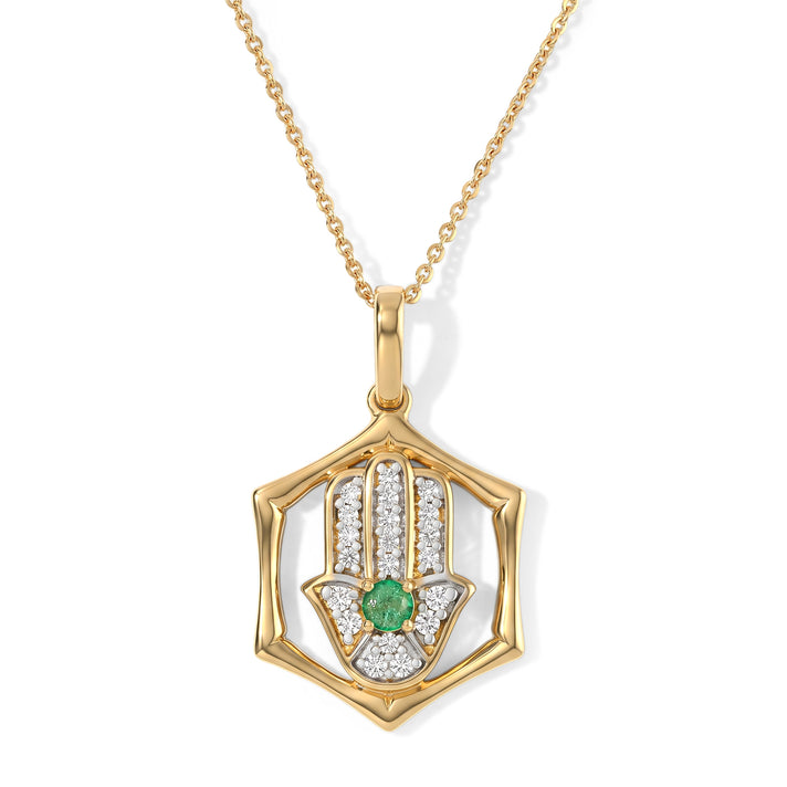 D'Joy - AAA Gemfields Zambian Emerald &amp; White Zircon Hamsa Pendant with Chain (Size 20) in 18K Vermeil Yellow Gold Plated Sterling Silver 4525119 1