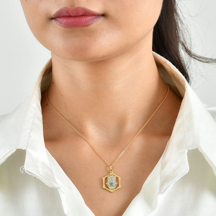 D'Joy - AAA Gemfields Zambian Emerald &amp; White Zircon Hamsa Pendant with Chain (Size 20) in 18K Vermeil Yellow Gold Plated Sterling Silver 4525119 2