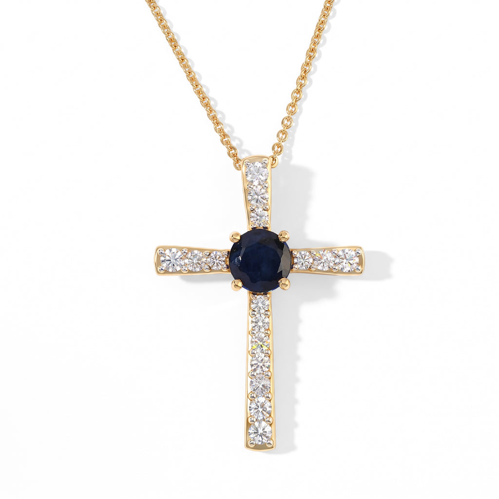 D'Joy - Diffused Blue Sapphire & White Zircon Cross Pendant with Chain (Size 20) in Yellow Gold Plated Sterling Silver 1.90 Ct._4525196