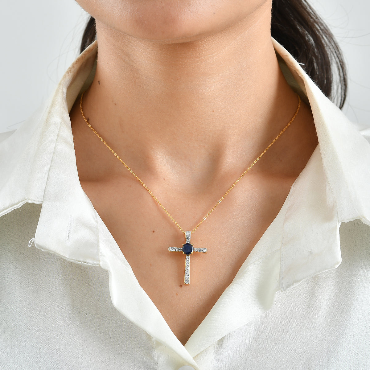 D'Joy - Diffused Blue Sapphire &amp; White Zircon Cross Pendant with Chain (Size 20) in Yellow Gold Plated Sterling Silver 1.90 Ct. 4525196 1